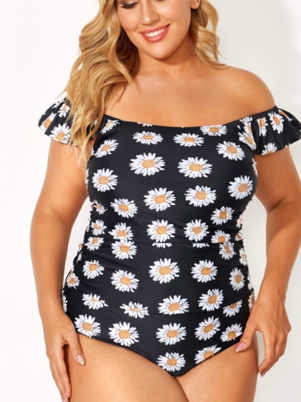 Off-Shoulder Daisy Print One-Piece Swimsuit - Black
